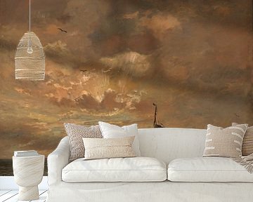 Ondergaande zon met woelige zee, Hendrik Willem Mesdag