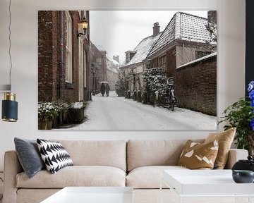 klassieke sneeuwfoto in de straatjes van Amersfoort