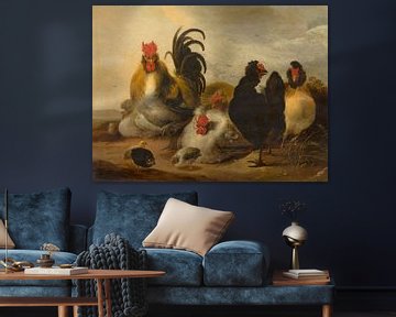 Haan en kippen in een landschap - Melchior d'Hondecoeter