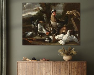 Een papegaai, kippen, een eend en tortelduiven, samen met een konijn en een cavia in een landschap, 