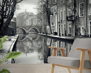 Zicht op de Vollersbrug met besneeuwde werven in Utrecht. (Utrecht2019@40mm nr 41) van André Blom Fotografie Utrecht