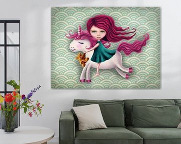 Meisje Unicorn retro - Mail je foto voor een persoonlijk tintje! van Anouk Muller - Funqy Wall Art