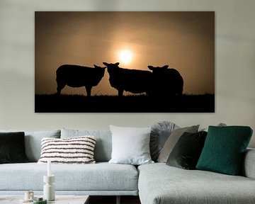Silhouette van drie schapen tegen zonsondergang van Michel Seelen