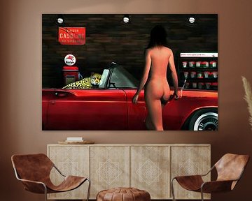Erotisch naakt - Naakte vrouw met een Ford Thunderbird en een grote kat van Jan Keteleer
