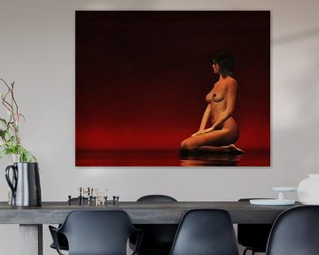 Nu érotique - Femme nue assise tranquillement, regardant quelque chose