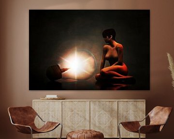 Erotik nackt – - Nackte Frau, umgeben von Dunkelheit