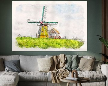 Moulin à grains "De Hoop" à Sint Philipsland (Zeeland, Pays-Bas) (aquarelle) sur Art by Jeronimo