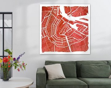 Anneau de canal d'Amsterdam Plan de la ville rouge Carré avec cadre blanc sur WereldkaartenShop