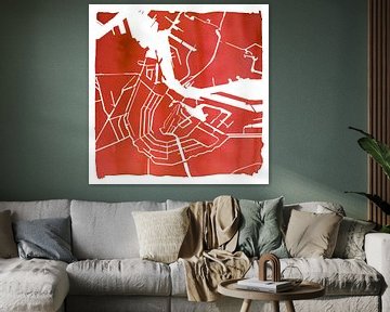 Amsterdam Waterkaart Rood | Vierkant met Witte kader
