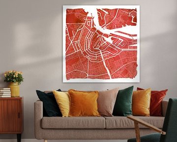 Amsterdam nord et sud | Plan de la ville rouge Carré avec cadre blanc