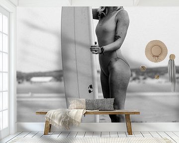 Black-and-white Portrait of Loes with Surfboard no.3 by Alex Hamstra