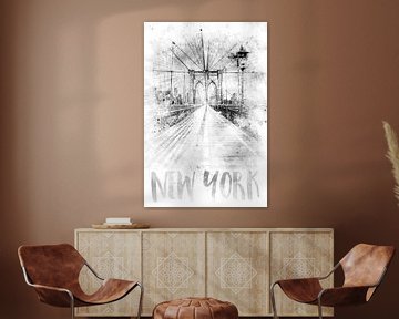 Monochrome Kunst NYC Brooklyn Bridge | Aquarell von Melanie Viola