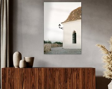 Travel photography “Ibiza white” | Modern wall art Ibiza Spain coast white tones sunset