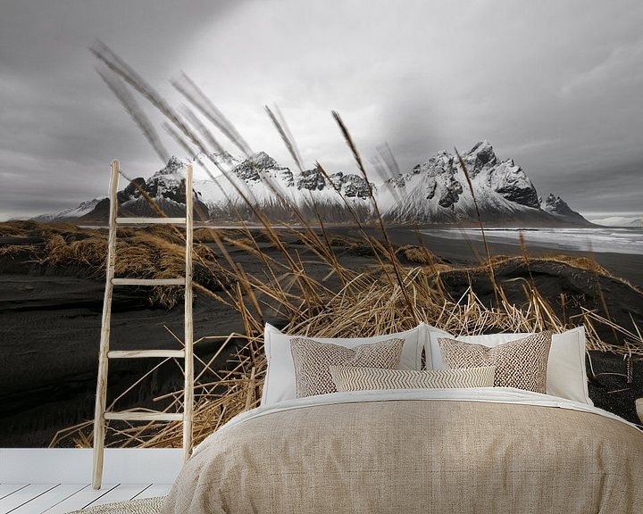 Beispiel fototapete: Bergkette hinter schwarzen Sanddünen in Island von Ralf Lehmann