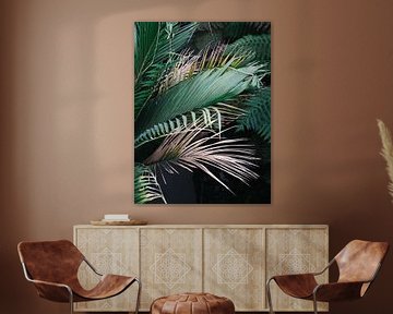 Moody, botanical print of tropical palm leaves by Raisa Zwart