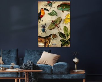 Tropische schoolplaat met vogels, vissen en jungle dieren. van Studio POPPY