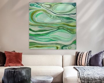 De groene beweging (vrolijk abstract aquarel schilderij vierkant golven natuur speels lijnen modern) van Natalie Bruns
