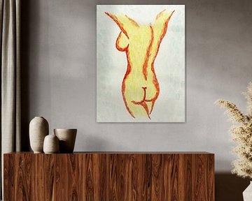 De naakte dame (abstract aquarel schilderij vrouw lichaam borsten billen geel rood contemporary bil) van Natalie Bruns