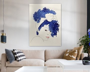 Sexy vrouw met grote bos krullen (aquarel schilderij portret lijntekening line art blauw strik mond)