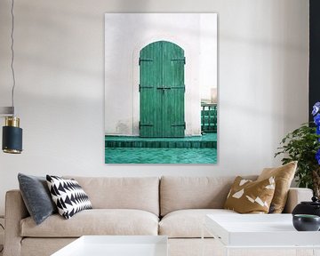 Le Jardin Secret | Turkooise houten deur in Marrakech | Kleurrijke reisfoto reislust van Raisa Zwart