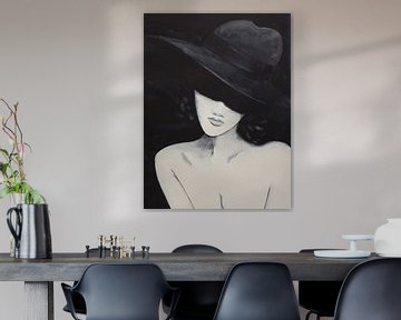 In de schaduw (zwart wit aquarel schilderij naakt portret vrouw met hoed) van Natalie Bruns