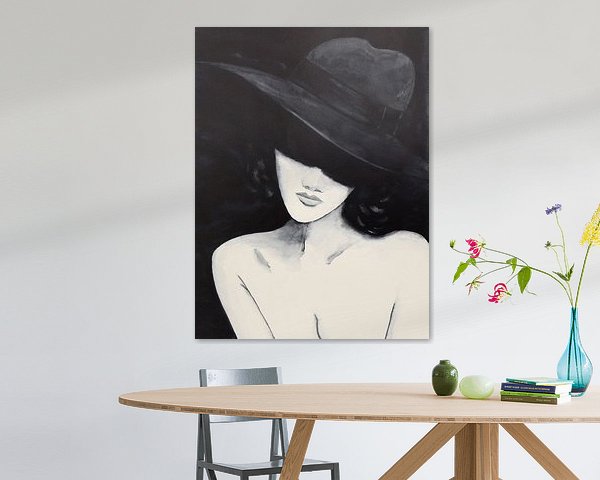 In de schaduw (zwart wit aquarel schilderij naakt portret vrouw met hoed slaapkamer mancave)