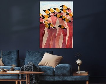 Group of pink flamingos (colorful watercolor painting beautiful birds flamingo animals tropical chee by Natalie Bruns