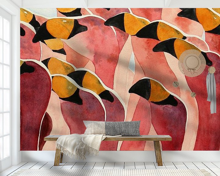 Sfeerimpressie behang: Groep flamingo's van Natalie Bruns