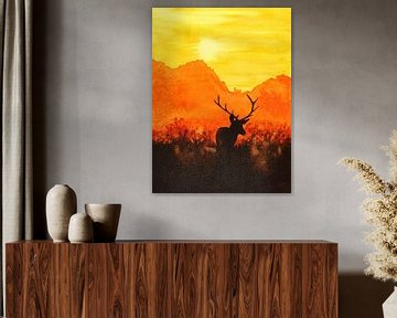 Edelhert in de avondzon (aquarel schilderij natuur bos heide bergen zonsopkomst zonsondergang geel)