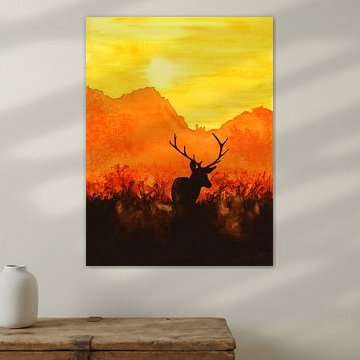 Rotwild in der Abendsonne (Aquarellmalerei Natur Wald Heide Berge Sonnenaufgang Sonnenuntergang gelb