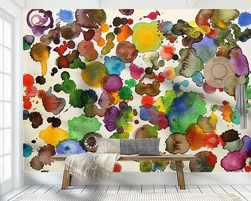 Spetters (vrolijk abstract aquarel schilderij stippen kinderkamer retro druk behang speels blauw ) van Natalie Bruns
