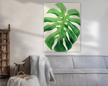 Philodendron monstera blad nr 1 van 3 (aquarel schilderij bloemen groen kamerplant natuur jungle) van Natalie Bruns