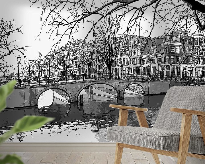 Sfeerimpressie behang: Aquarel Tekening Brouwersgracht Keizersgracht Amsterdam Pentekening Lijntekening van Hendrik-Jan Kornelis