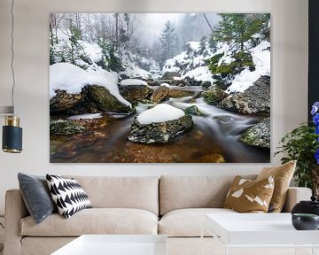 Rocks, snow and flowing water