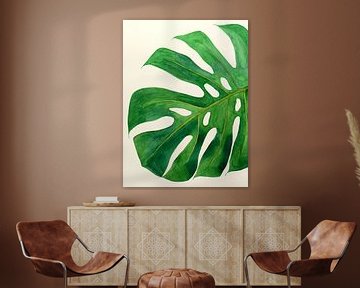 Philodendron monstera blad nr 2 van 3 (aquarel schilderij bloemen groen kamerplant natuur jungle) van Natalie Bruns