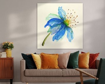 Tropical blue flower (colorful watercolor painting nature beautiful large plant realism green blue)