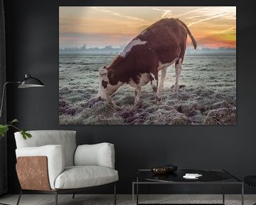 Cow in pasture during Sunrise by Rossum-Fotografie