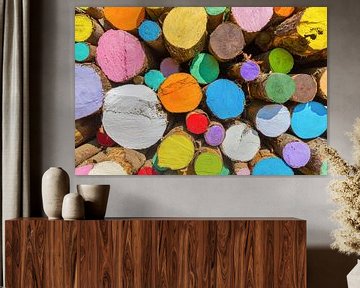 Stapel kleurrijk geverfde boomstammen als kunst van Ben Schonewille