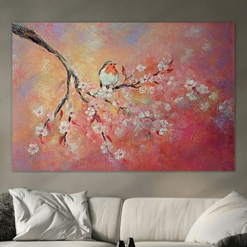 lentebloesem met roodborstje van Els Fonteine