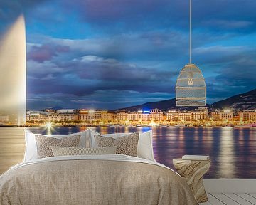 Geneva and the Lake Geneva at night by Werner Dieterich
