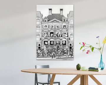 Pentekening Rembrandt's Huis met Nachtwacht in Amsterdam Tekening Lijntekening