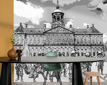 Aquarel Tekening De Nachtwacht op De Dam in Amsterdam Pentekening Lijntekening