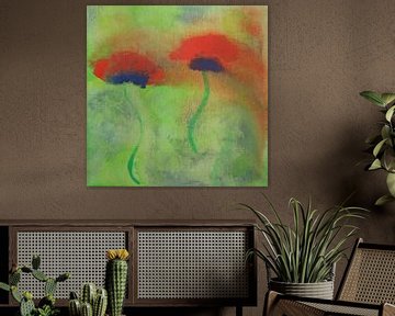 Gouache schilderij van rode papavers op een groene weide