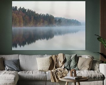 Typical lake in Sweden, surrounded by coniferous woods, first early light, absolutely quiet, calm wa