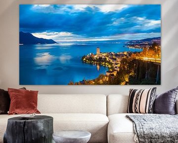 Cityscape of Montreux at Lake Geneva at night by Werner Dieterich