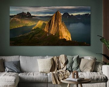 Panorama of Segla summit and Fjordgard village in sunset, Senja, Norway by Wojciech Kruczynski