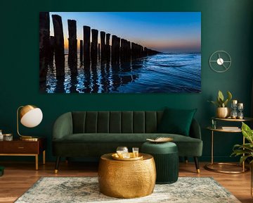 Panorama breakwaters at sunset in Domburg, (red / blue) by Marjolijn van den Berg