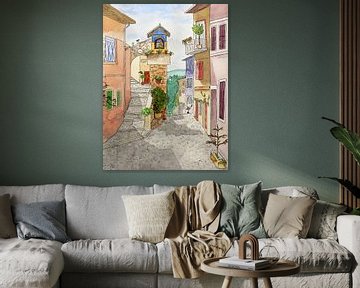 De Italiaanse straat (kleurrijk aquarel schilderij smalle straat dorp zomer reizen Europa vakantie)