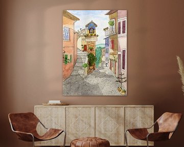De Italiaanse straat (kleurrijk aquarel schilderij smalle straat dorp zomer reizen Europa vakantie) van Natalie Bruns