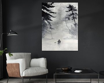 Het avontuur tegemoet (zwart wit aquarel schilderij landschap kano natuur mancave) van Natalie Bruns